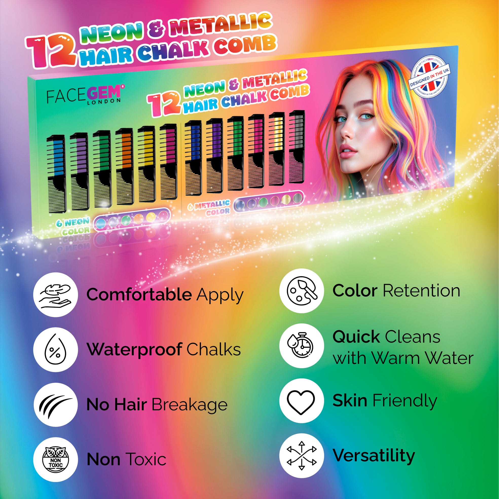 Neon Combs 12 Hair chalks comb, (6 NEON & 6 METALLIC colours) – facegemlondon