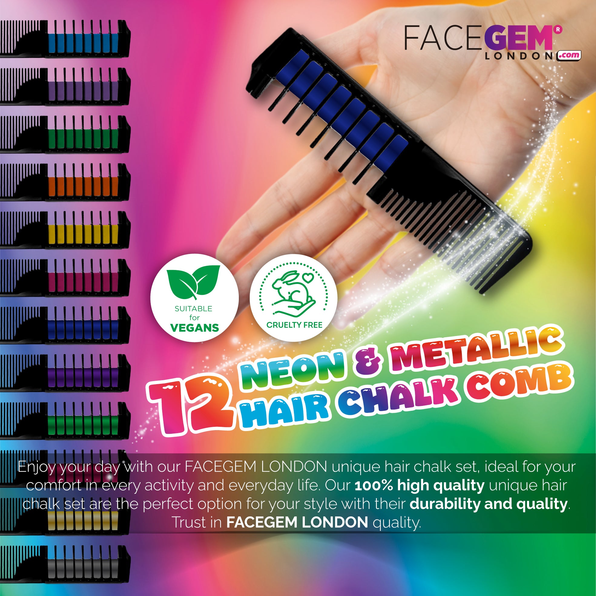 Neon Combs 12 Hair chalks comb, (6 NEON & 6 METALLIC colours) – facegemlondon