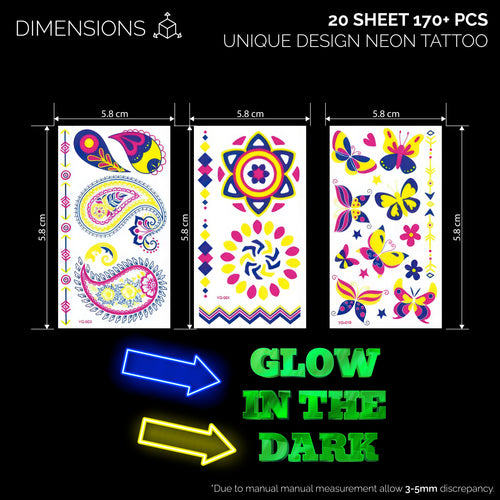 170+ DESIGN 20 SHEET Neon Temporary Tattoo