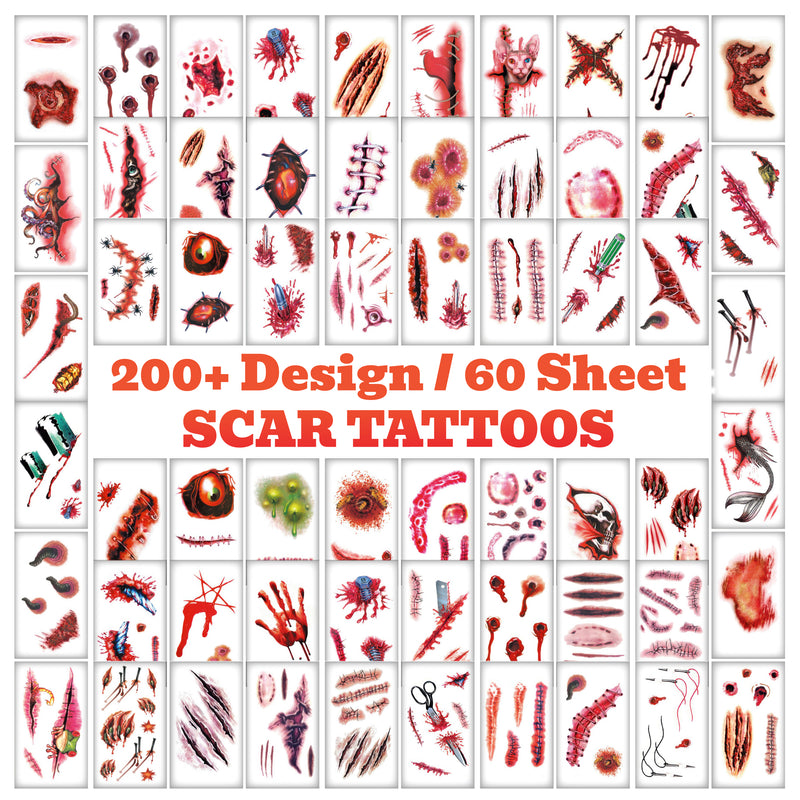 60 Sheet (200+ designs) Halloween Scar Tattoo