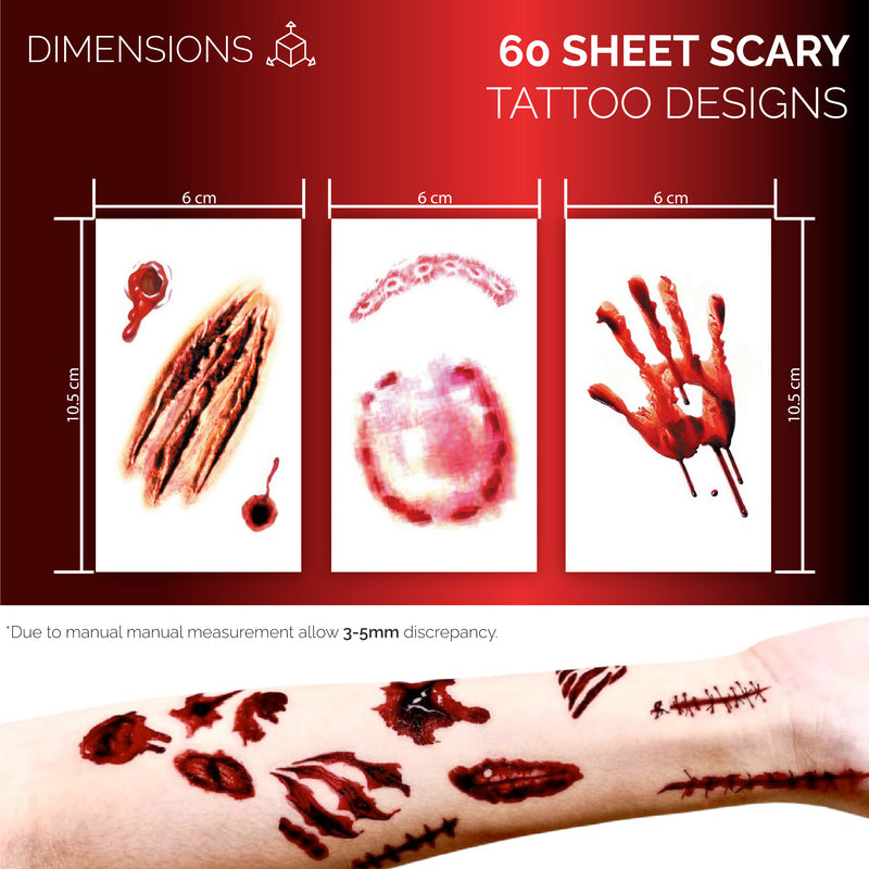 60 Sheet (200+ designs) Halloween Scar Tattoo